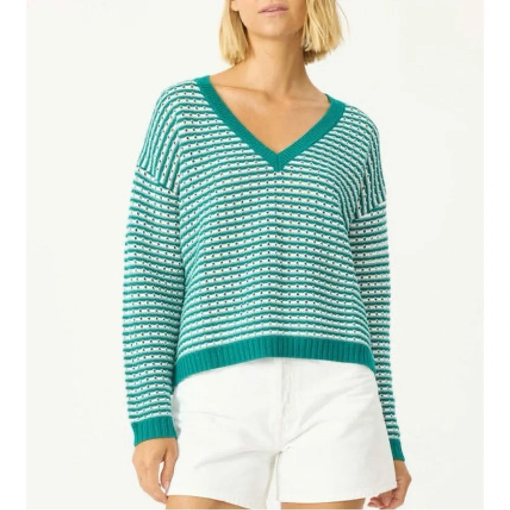 Stitches & Stripes Green and White V-Neck Sweater Size S-M NWT